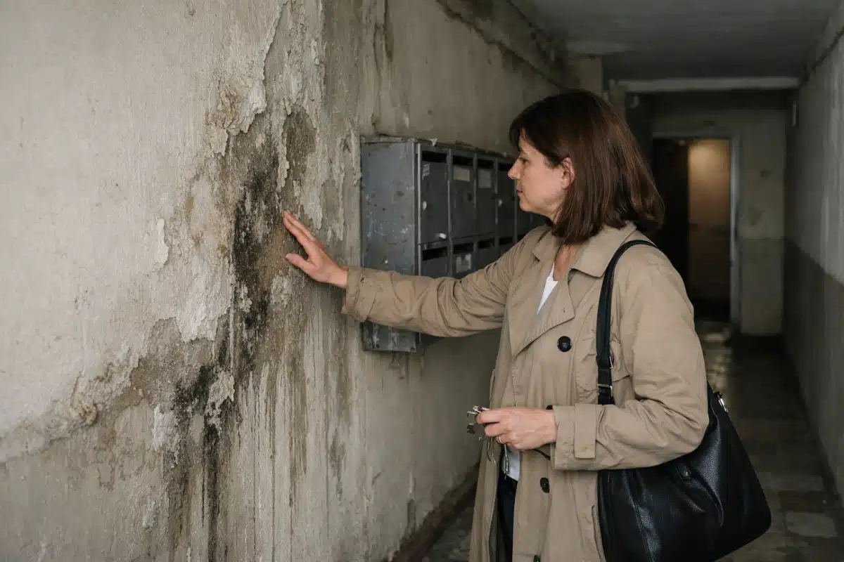 Femme inspectant un mur humide près de boîtes aux lettres