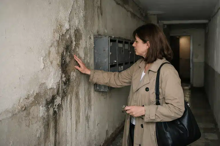 Femme inspectant un mur humide près de boîtes aux lettres