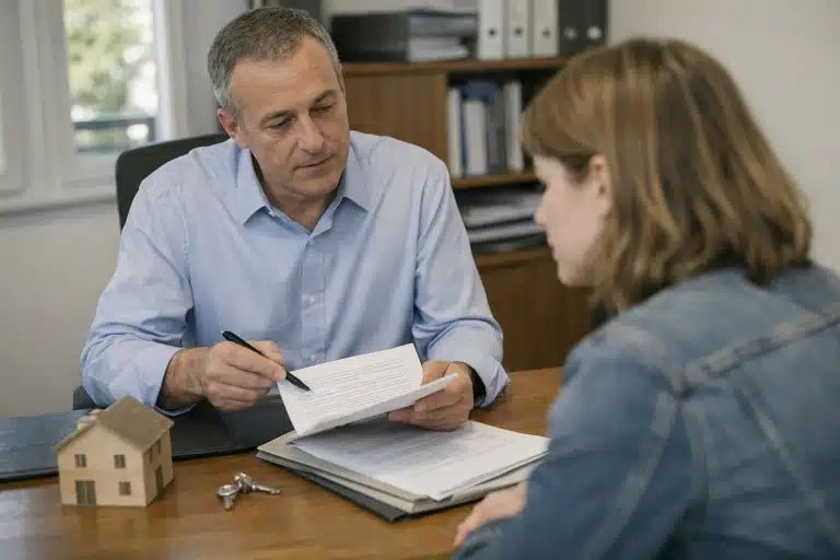 Frais de notaire réduits lors d'une transaction immobilière avec calculatrice et documents