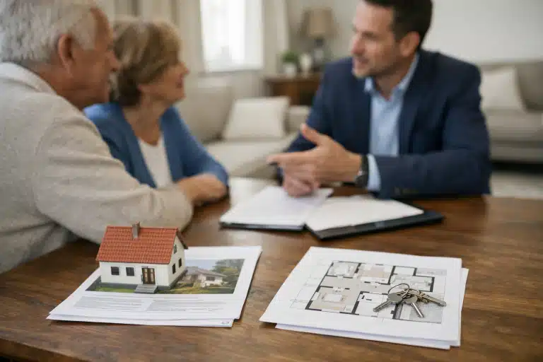 Homme et femme discutant autour d'une maquette et plans