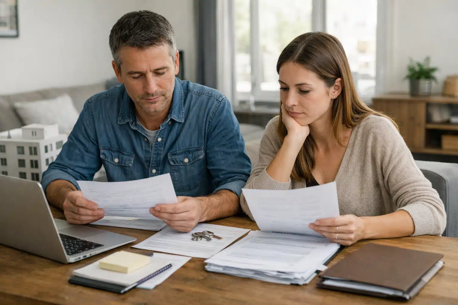 Couple examinant des documents financiers à table