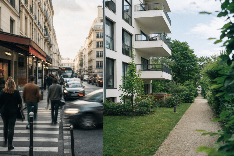 Rue animée devant immeuble moderne aux balcons