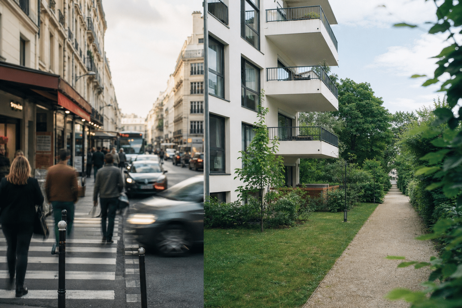 Rue animée devant immeuble moderne aux balcons